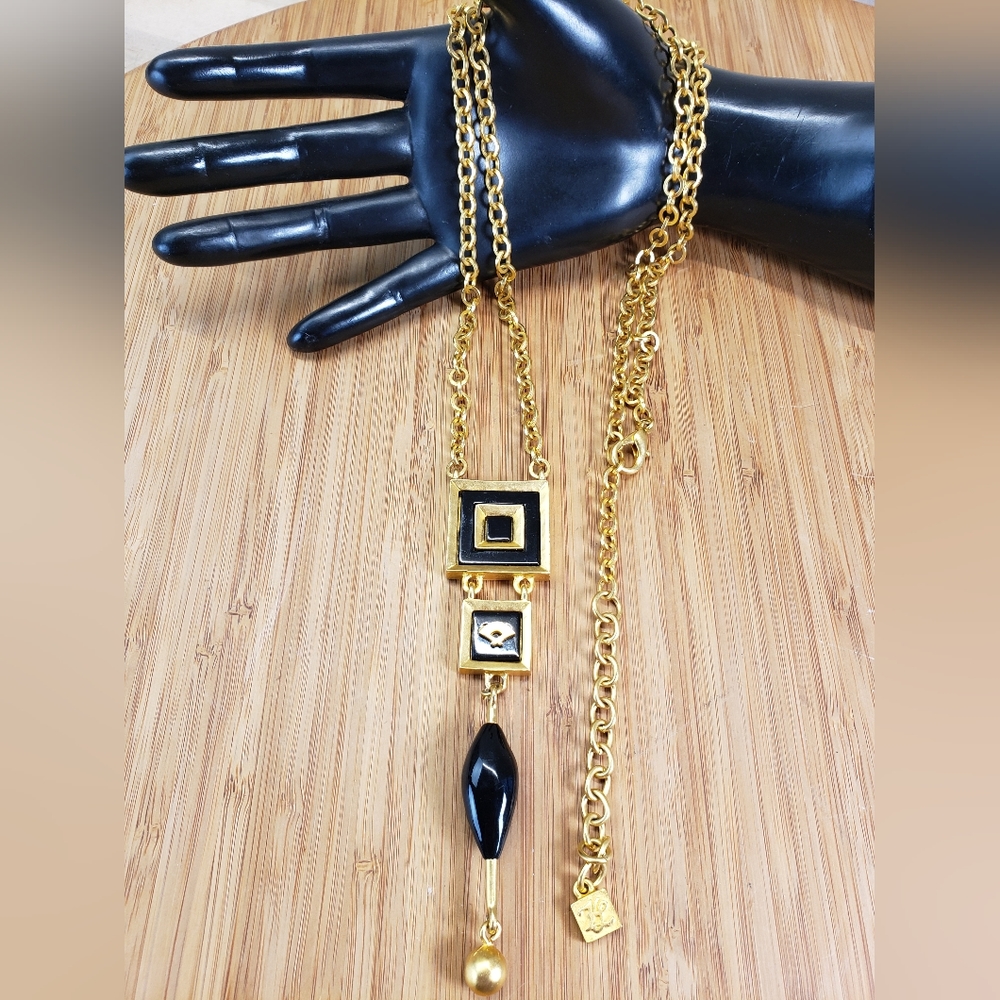 Karl Lagerfeld Black Enamel Gold Plated Dangle Pendant Chain Necklace Runway